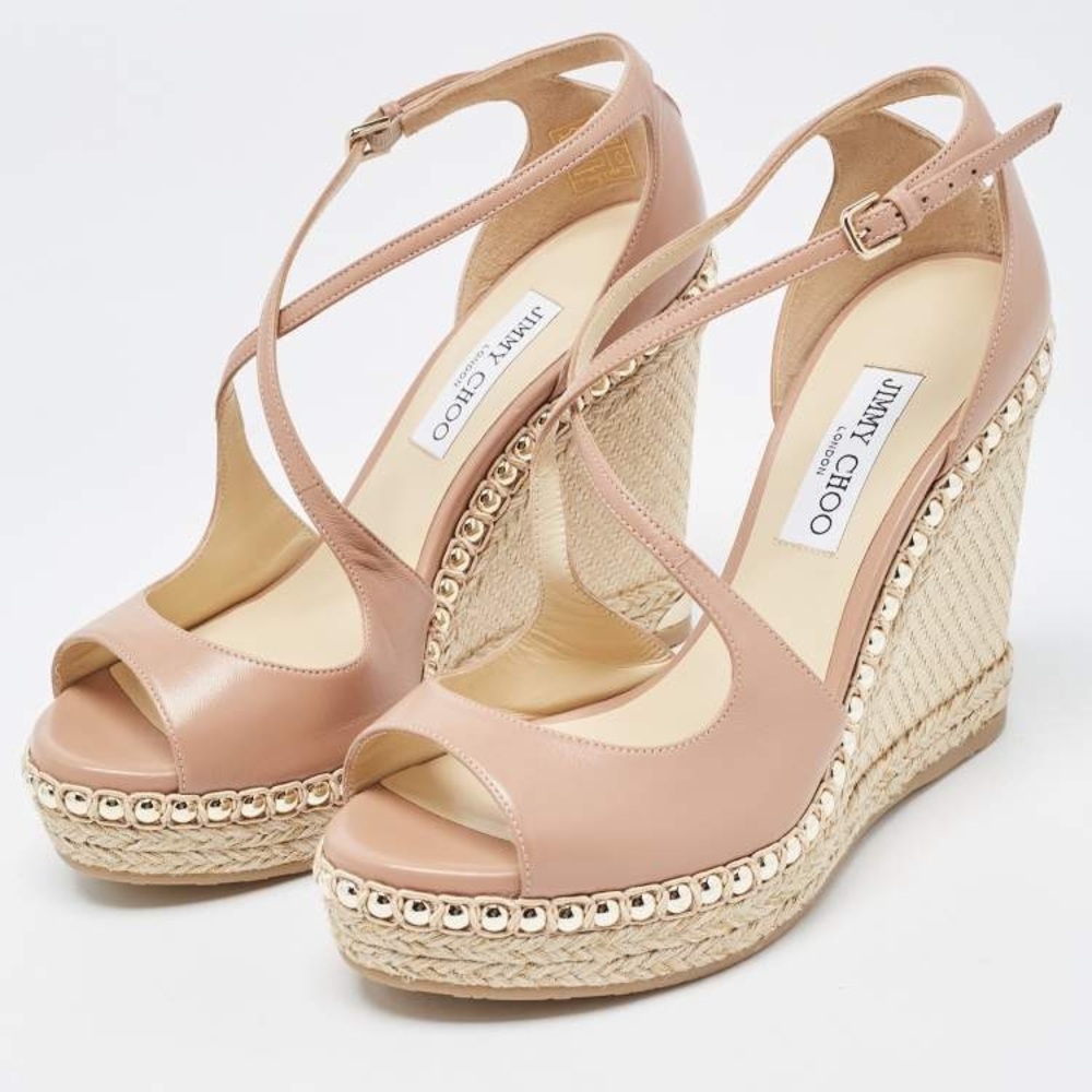 Jimmy Choo Dakota 120 Leather Studded Platform Wedge Espadrille Sandal Heels 38